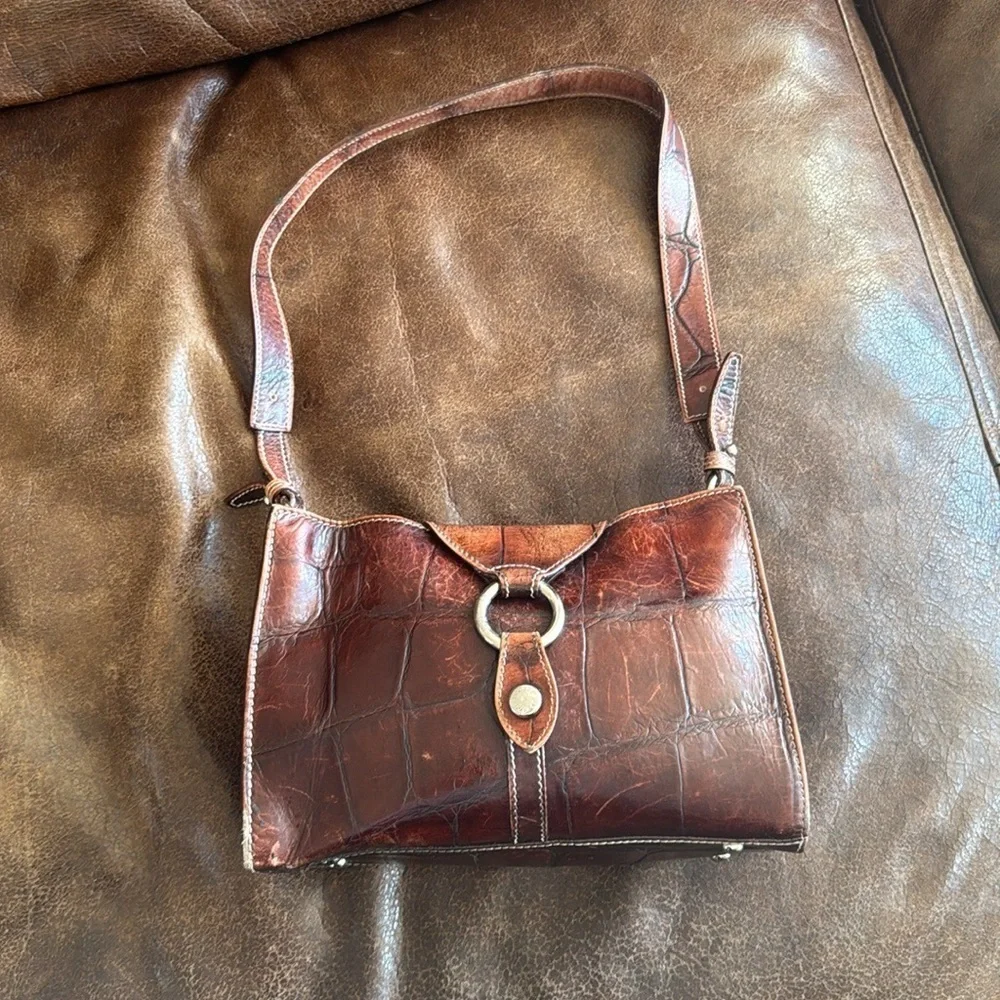 Dooney & Bourke Made in Italy Embossed Croc Leather Shoulder Bag Brown Vintage